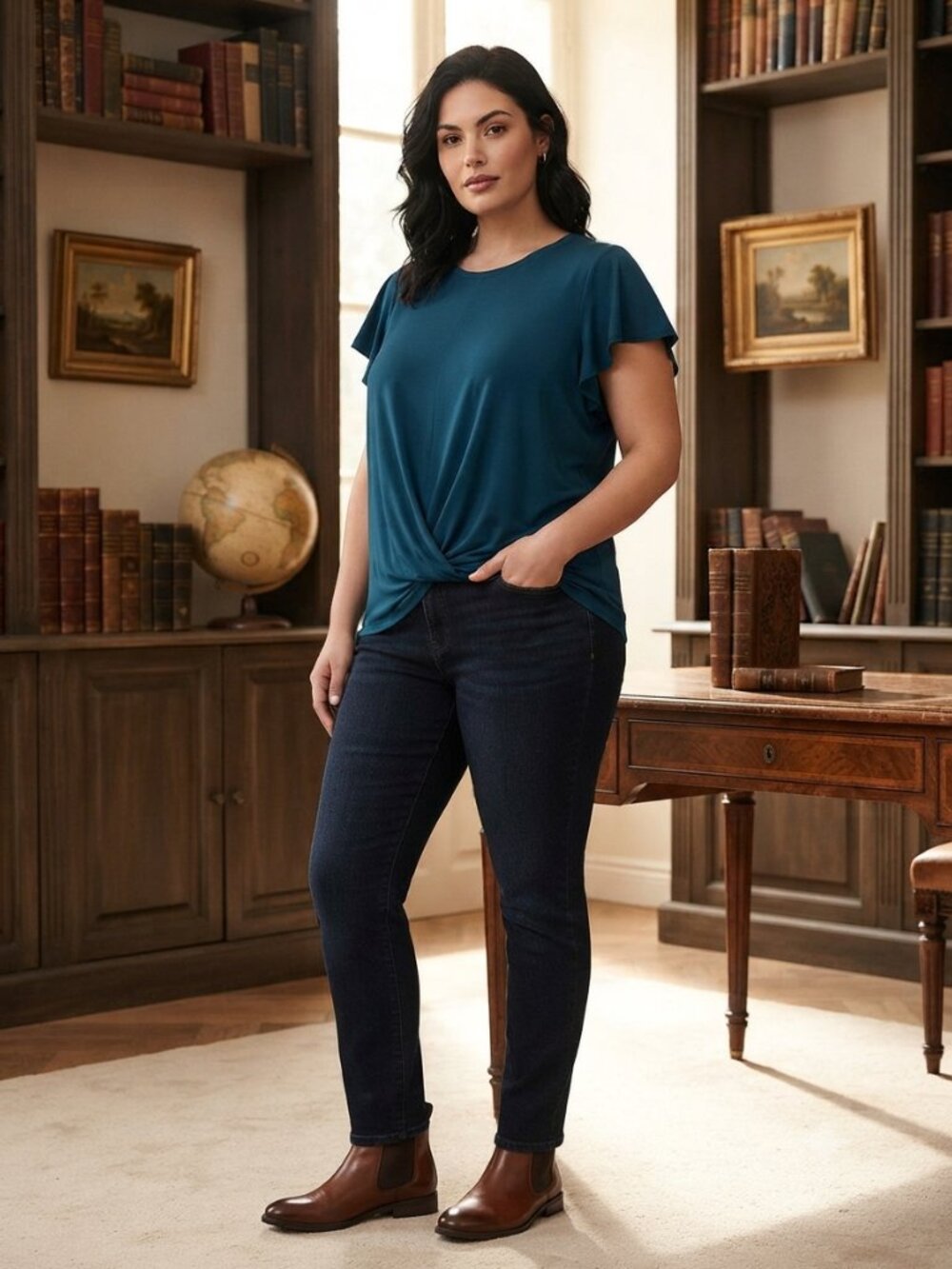 Teal  Faux Tie and Fluttery Sleeve Blouse